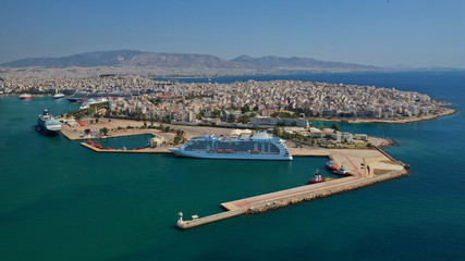 Fototapeta na wymiar Aerial drone panoramic photo of busy port of Piraeus, the largest in Greece and one of the largest passenger ports in Europe, Attica, Greece 