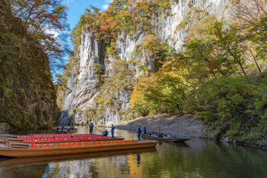 Geibikei Gorge River Cruises in Autumn foliage season. Beautiful scenery landscapes view in sunny weather day. Ichinoseki, Iwate Prefecture, Japan