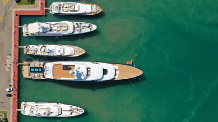 Aerial drone photo of luxury yachts docked in Athens Marina near famous area of Mikrolimano, Neo...