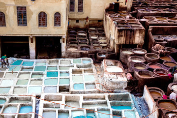 Tanneries of Fez. Tanks with dyes and vats in the traditional leather workshop of Fez