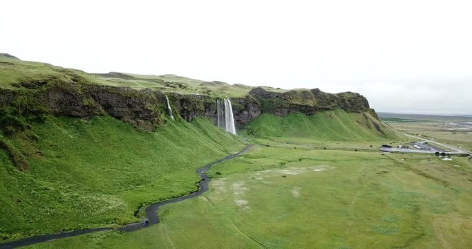 4K Aerial Drone footage from the sky of Iceland Selijalandfoss waterfall in the southern region