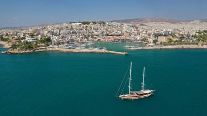 Fototapeta na wymiar Aerial drone photo of iconic round port of Mikrolimano, Attica, Greece