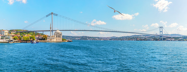 The Bosphorus Bridge and the Ortakoy Mosque in Istanbul, Turkey, panoramic view