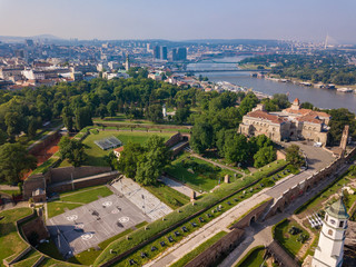 Aerial view to Kalemegdan fortress at Belgrade. Summer photo from drone. Serbia