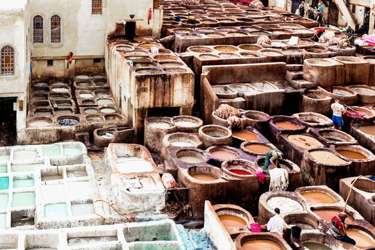 Tanneries of Fez. Tanks with dyes and vats in the traditional leather workshop of Fez