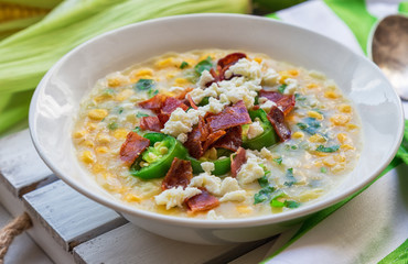 Corn soup with bacon, jalapeno, goat cheese and cilantro