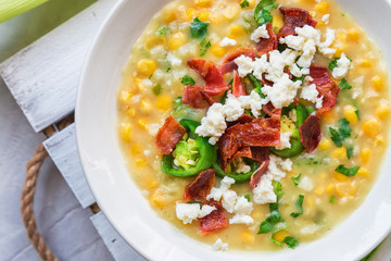 Corn soup with bacon, jalapeno, goat cheese and cilantro