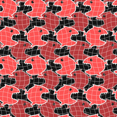Vector seamless pattern with abstract coral fishes on an isolated black background. Vector illustration for greeting card or poster.