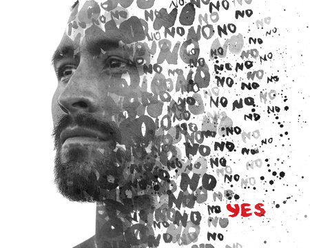 Double exposure. Paintography. Man's portrait combined with hand painted word NO repeating and one YES in red