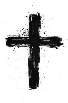 Hand painted black ink cross with brush stroke texture and splatter © LUMEZIA.com