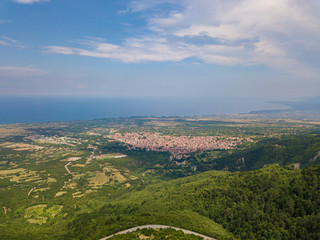 Aerial view to coastline  and Litochoro town from the Olympus mountain. Greece