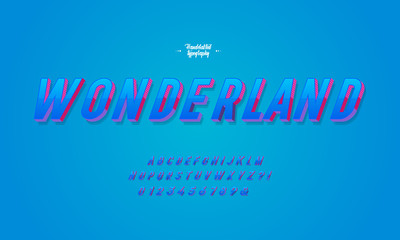 Condensed 3d blue display font design, alphabet, letters and numbers.