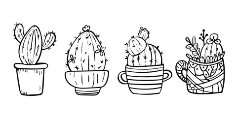 Cacti blooming with spikes. Coloring page for children and adults. - Vector. Vector illustration