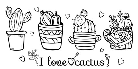 Cacti blooming with spikes. Coloring page for children and adults. - Vector. Vector illustration