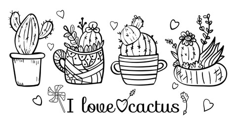 Cacti blooming with spikes. Coloring page for children and adults. - Vector. Vector illustration
