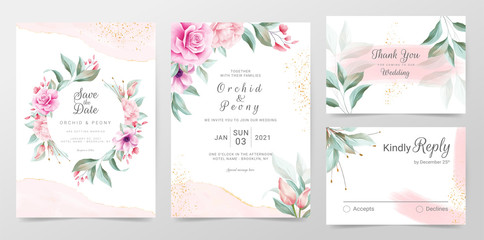 Elegant wedding invitation cards template with watercolor floral decoration. Floral frame and golden watercolor textured background