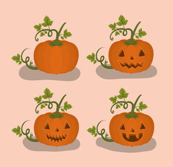 halloween celebration card with set pumpkins faces