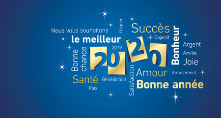 Happy New Year 2020 negative space French cloud text gold white blue vector