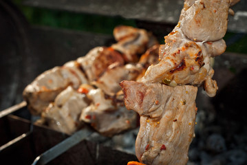 Barbecue fries in the coals. Meat and beef at the field kitchen festival. Cooking in the evening outdoors.