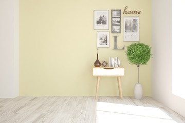 Empty room in white color with pictres on a wall and modern table. Scandinavian interior design. 3D illustration