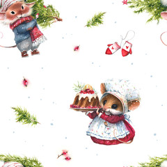 Seamless pattern whith watercolor illustration of a mouse, a symbol of 2020 a white background