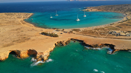 Aerial drone photo of iconic caves of Xylobatis or Ksylompatis in Koufonisi island, Small Cyclades, Greece