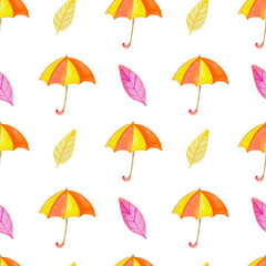 Fototapeta na wymiar Watercolor pattern with umbrella and leaves