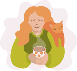 A red-haired girl in a green sweater inhales the aroma of hot coffee.