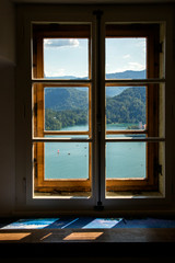 View of the lake from the window of the Bled Castle Museum
