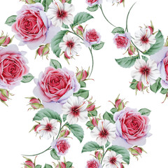 Bright seamless pattern with flowers. Watercolor illustration. Hand drawn.