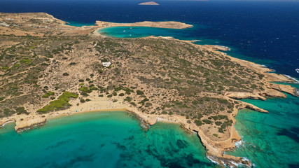 Aerial drone top view photo of beautiful volcanic rocky seascape with turquoise waters, Koufonisi island, small Cyclades, Greece