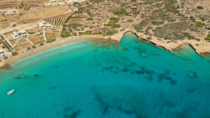 Aerial drone top view photo of beautiful volcanic rocky seascape with turquoise waters, Koufonisi island, small Cyclades, Greece