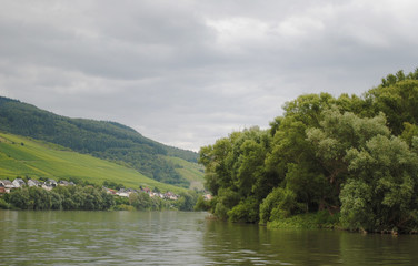 Boat ride on the Rhine river during winter in Germany. 