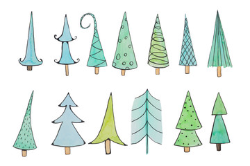 Abstract christmas trees set, isolated. Watercolor hand drawn Christmas, winter trees on white for greeting card or design. Illustration elements.