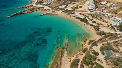Aerial drone top view photo of beautiful volcanic rocky seascape with turquoise waters, Koufonisi island, small Cyclades, Greece