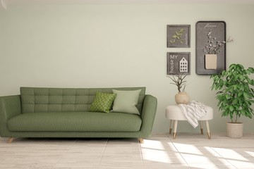 Stylish room in green color with sofa. Scandinavian interior design. 3D illustration