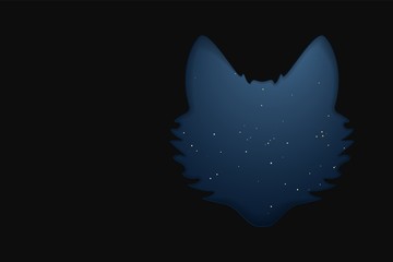 Wolf silhouette with little shiny stars. Dark horizontal background paper cut vector illustration.