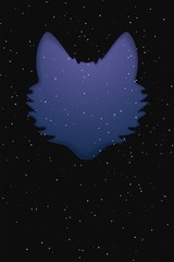 Fototapeta na wymiar Wolf head silhouette with shimmer stars. Paper cut vector illustration. Vertical dark design