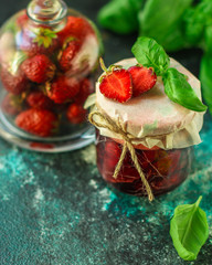 strawberry jam (home-made, sweet berry dessert) menu concept. food background. copy space. Top view