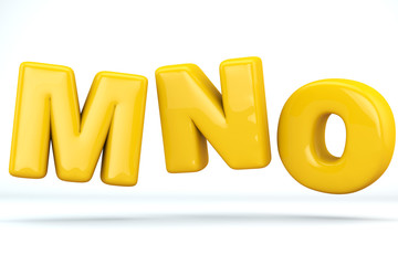 Font glossy plastic yellow, letters M, N, O. 3D render of bubble, isolated on white Background, path save.