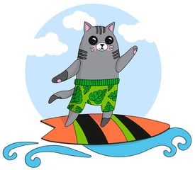 Cute kawaii cat on a surfboard on a cloudy sky background
