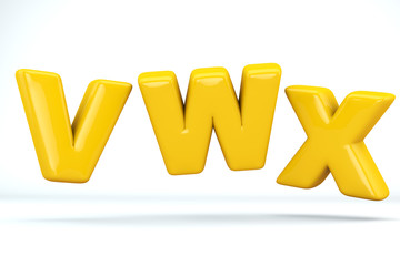 Font glossy plastic yellow, letters V, W, X . 3D render of bubble, isolated on white Background, path save.