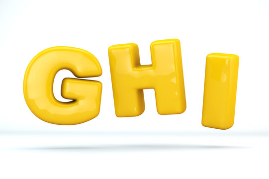 Font Glossy Plastic Yellow, Letters G, H, I. 3D Render Of Bubble, Isolated On White Background, Path Save.