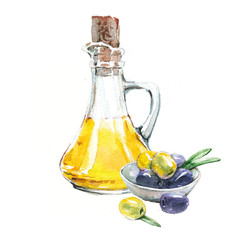 Watercolor illustration with a bottle of vegetable oil on a white background and olives.