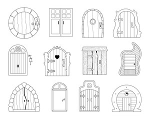 Set of doors of different shapes made of wood. Vector