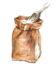 Watercolor illustration of a paper bag with flour, sugar, salt and scoop on a white background.
