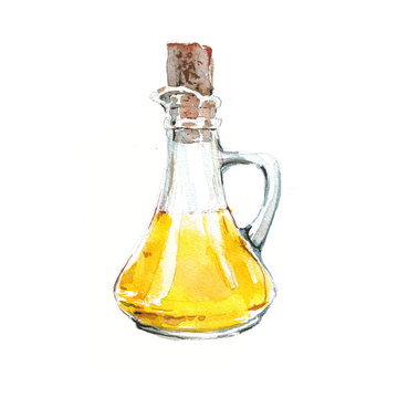 Watercolor illustration with a bottle of vegetable oil on a white background and olives.