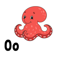 Funny alphabet. ABC flash cards. Cartoon cute character isolated on white background. For kids education. Developing worksheet. Learning letters. Vector illustration.