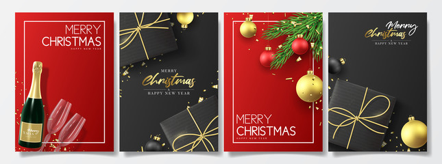 Merry Christmas and Happy New Year posters. Set of holiday flyers with realistic gift boxes, champagne bottle, Christmas balls, golden confetti and fir-tree branches. Festive vector illustration. © Yaran
