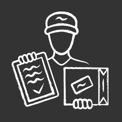 Package delivery chalk icon. Courier service. Parcel delivering. Deliveryman with box and invoice. Postman holding cardboard package. Postal service, shipping. Isolated vector chalkboard illustration